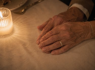 Elderly couple hands with wedding ring candlelight long marriage experience Milestone Creator