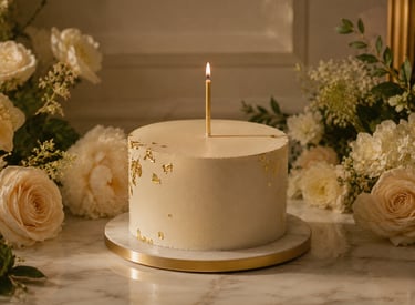 Elegant white birthday cake with gold candle and flowers luxury birthday experience design Dubai