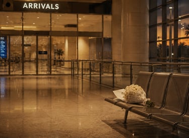 Empty airport arrivals hall with white flower bouquet long distance reunion experience design