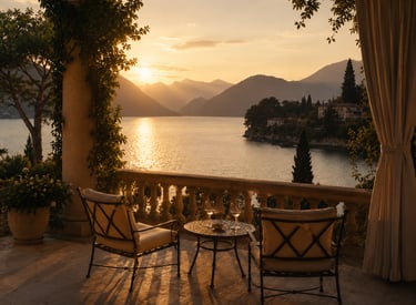 Private terrace overlooking lake at golden hour luxury long weekend experience couples Italy