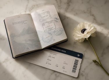 Open passport with boarding pass and white flower luxury big trip experience design couples
