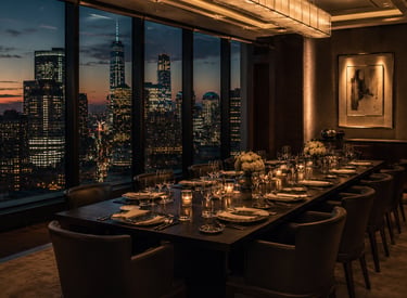 Long private dining table set for group with city skyline luxury high school reunion event planning
