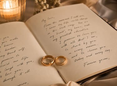 Handwritten wedding vows with two gold rings vow renewal experience design Milestone Creator