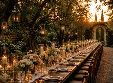 Long outdoor garden dinner table with lanterns and flowers at golden hour large celebration event 
