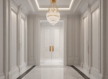 An elegant dining area featuring minimalist black and white lighting fixtures.