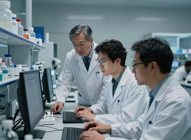 A sleek, professional laboratory environment showing international researchers collaborating over a digital workstation. The lighting is cool and focused, highlighting modern tech and glass surfaces in shades of muted blue and silver gray.