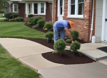 A team member trimming edges neatly along a sidewalk