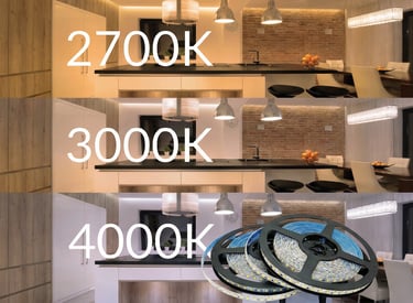 Comparación de luz LED: cálida 2700K y blanco cálido 3000K para ambientes.