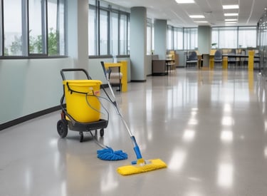 A professional cleaner in uniform carefully cleaning an office desk with a microfiber cloth.