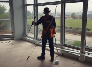 A professional cleaner in uniform carefully cleaning an office desk with a microfiber cloth.