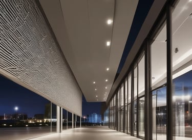 A contemporary commercial building with expansive glass facades and elegant gold accents.