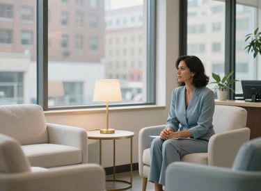 A serene and professional counseling office in a North American city. Large windows let in soft daylight. The interior features comfortable furniture in off-white and pale blue fabrics, with a small table holding a gold-colored lamp. The atmosphere is quiet, reassuring, and modern.