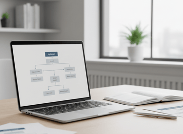 Ordinateur affichant un schéma de mapping stratégique sur un bureau de travail