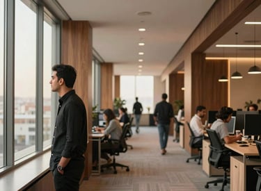 Modern office workspace with professionals collaborating over documents.