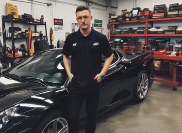 Technician carefully repairing a car door dent using paintless dent removal tools outdoors.