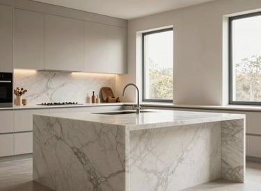 A polished marble countertop installed in a modern kitchen with natural light highlighting its veining.
