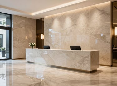 Granite facade panels on a commercial building reflecting the city skyline.