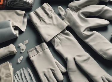 Safety gear including helmets, gloves, and vests displayed on a table.