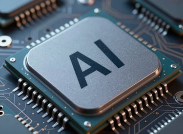 Close-up of a custom AI chip embedded on a circuit board glowing softly in orange.