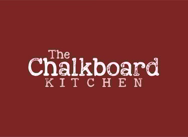 Text logo of "The Chalkboard Kitchen" on a red background.