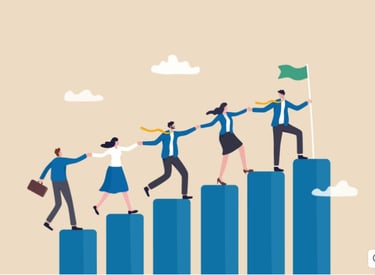 Cartoon drawing of people climbing up the ranks to achieve success