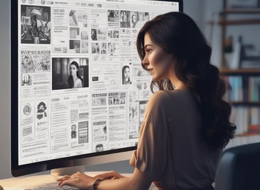 A friendly team collaborating over a laptop with website designs and marketing plans.