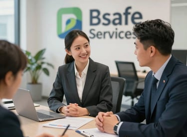 A professional consultant discussing safety plans with a client in a modern office setting.