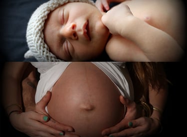 en haut photo d'un nourrisson qui dort, en bas un ventre enceinte entre les mains des parents