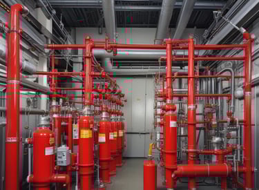 An industrial ceiling with a metal air vent and black recessed track lighting. There is a visible fire sprinkler system with red piping and modern pendant lights reflected in a glass partition.