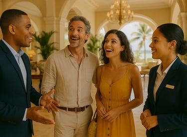Couple de voyageurs émerveillé par un échange profond avec des collaborateurs dans le lobby d’un hôtel de luxe caribéen, ambi