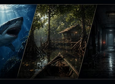 Collage featuring a great white shark, a wooden boat in a mangrove swamp, and a spooky dark hallway.