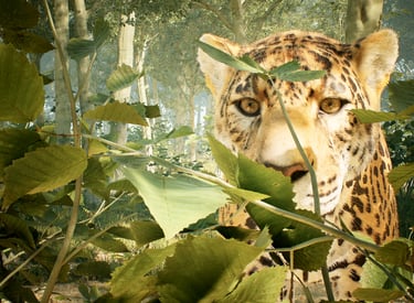 Close-up of a wild jaguar's face peering through dense green jungle leaves in a sunny forest.