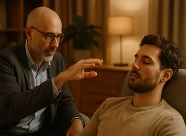 a man sitting in a chair hypnotised with a man pointing at something