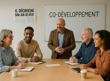 a group of people sitting around a table for a co-devepoment coaching