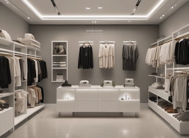 A storefront of a luxury brand with the name prominently displayed above the entrance. Large glass windows show elegant interior lighting and displays. Vehicles are blurred in motion on the street, and trees are visible on either side.