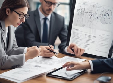 A team collaborating over contract documents with charts and timelines displayed