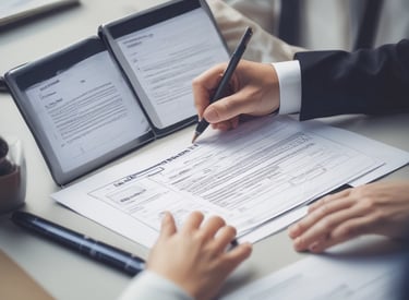 Close-up of a compliance checklist next to a laptop showing legal documents