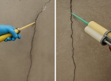 A worker injects sealant into a vertical crack in a concrete wall using an orange injection gun.