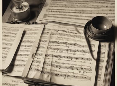 A close-up view of open sheet music showing musical notes and staff lines on pages. The focus is sharp on the notes, highlighting the intricate details of the musical composition. The image is captured in black and white, giving it a classic and timeless feel.