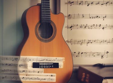 A wooden upright piano with a set of sheet music placed on its music rest. The background shows an American flag, a yellow wall, and some seating that appears to be in a church or a formal gathering space.