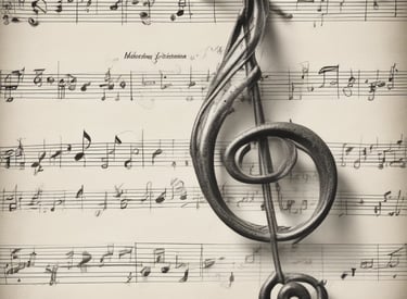 A close-up view of a sheet of musical notation featuring various notes, clefs, and musical symbols laid out on a staff. The image focuses on the details of the music manuscript with emphasis on the notes and lines.