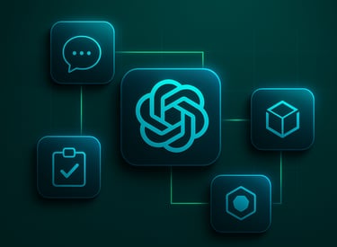 Network diagram with OpenAI logo at the center, connected to chat, task, and cube icons, symbolizing integrated AI solutions.