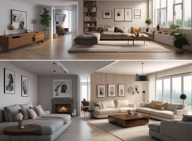 A modern house with a flat roof and a rectangular structure, featuring a combination of beige and red exterior panels. The building is surrounded by trees casting distinct shadows on the facade, with sunlight creating a warm glow.