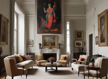 The image depicts the exterior of an art atelier gallery featuring an assortment of framed paintings displayed around the entrance. The artwork varies in style, including portraits, landscapes, and abstract pieces. A blue awning hangs above the door, and a sign prohibits photos and videos.