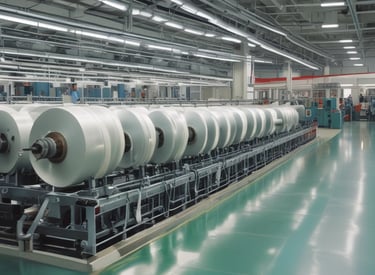 An industrial setting with multiple large textile weaving machines placed in a row, surrounded by packages and various materials. The machines are primarily blue and white, featuring several moving components and long rollers. The area is well-lit by overhead lights and is spacious with a concrete floor.