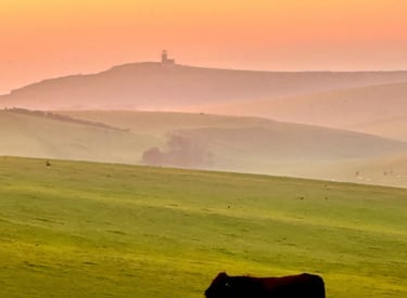 view towards Belle Tout over mist covered downs at sunset
