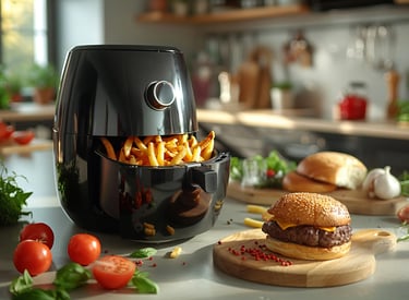Freidora de aceite color negro con papas fritas y una hamburgesa