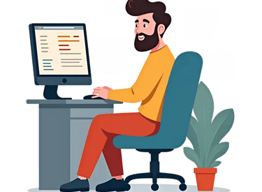 Dessin homme assit derrière son ordinateur représente la possibilité de personnaliser son site internet