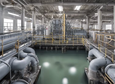 An industrial setup with numerous pipes and valves, primarily featuring shades of blue and metallic surfaces. The image captures a close-up of a valve in focus with a blurred background showing more industrial equipment and a blue structural element.