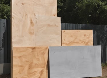 Stacks of assorted construction materials arranged neatly at a building site under clear skies.